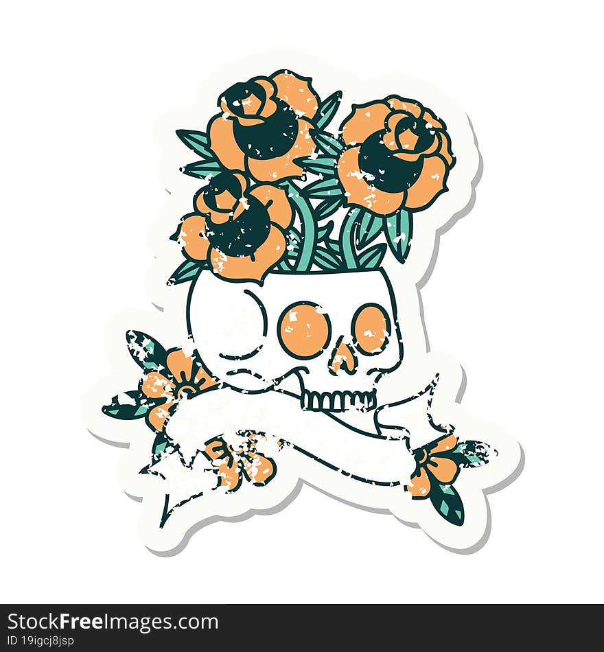 Grunge Sticker With Banner Of A Skull And Roses