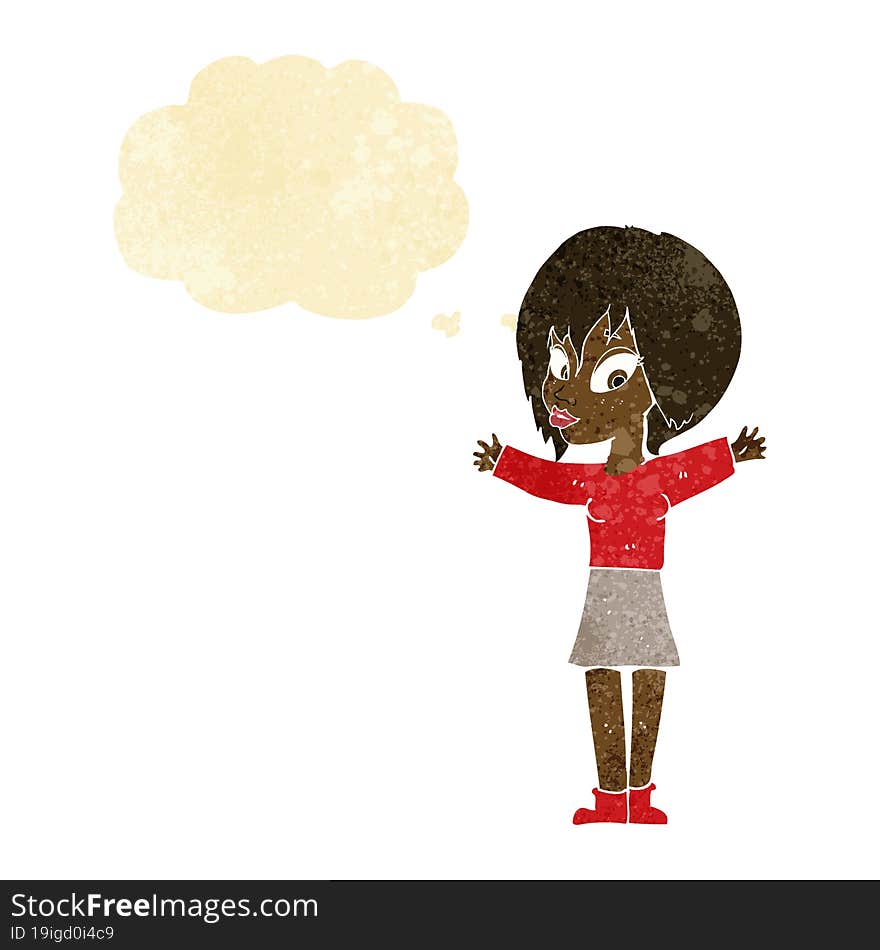 Cartoon Woman With Open Arms With Thought Bubble