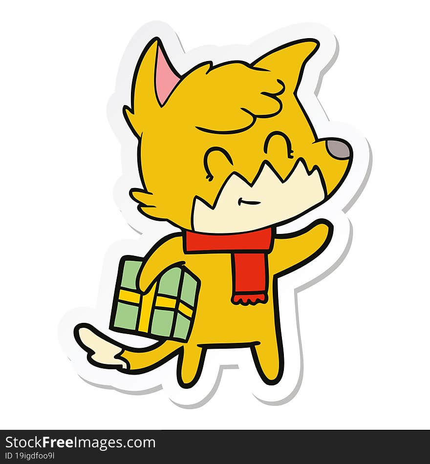 sticker of a cartoon happy fox with gift