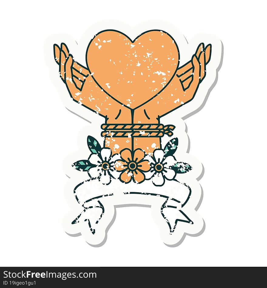 Grunge Sticker With Banner Of Tied Hands And A Heart