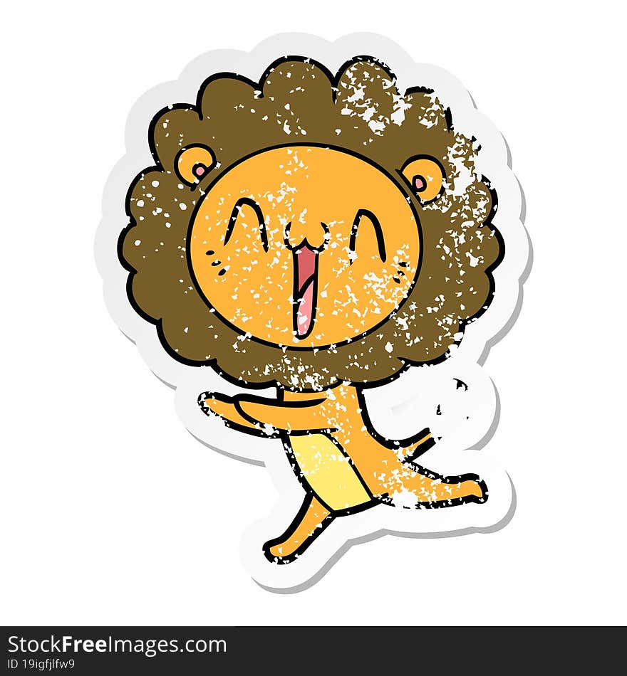 distressed sticker of a happy cartoon lion