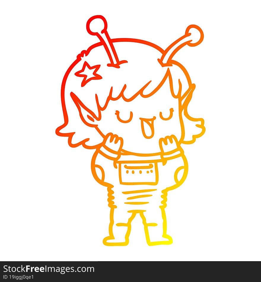 Warm Gradient Line Drawing Happy Alien Girl Cartoon