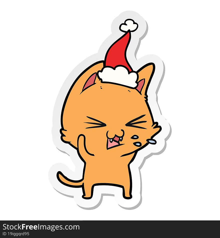 Sticker Cartoon Of A Cat Hissing Wearing Santa Hat