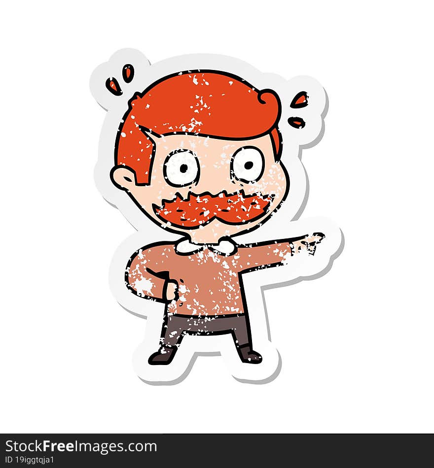 distressed sticker of a cartoon man with mustache shocked