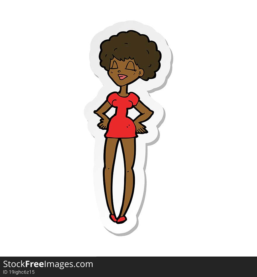 sticker of a cartoon happy woman with hands on hips