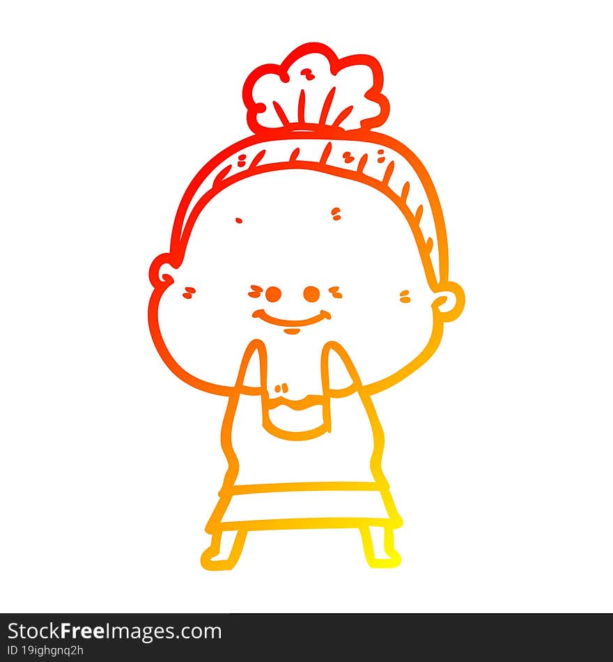 warm gradient line drawing of a cartoon happy old woman