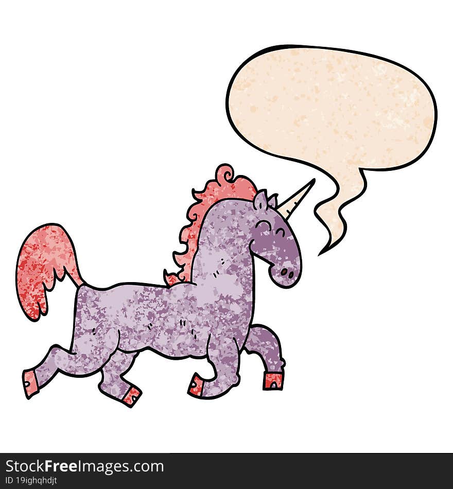 cartoon unicorn and speech bubble in retro texture style