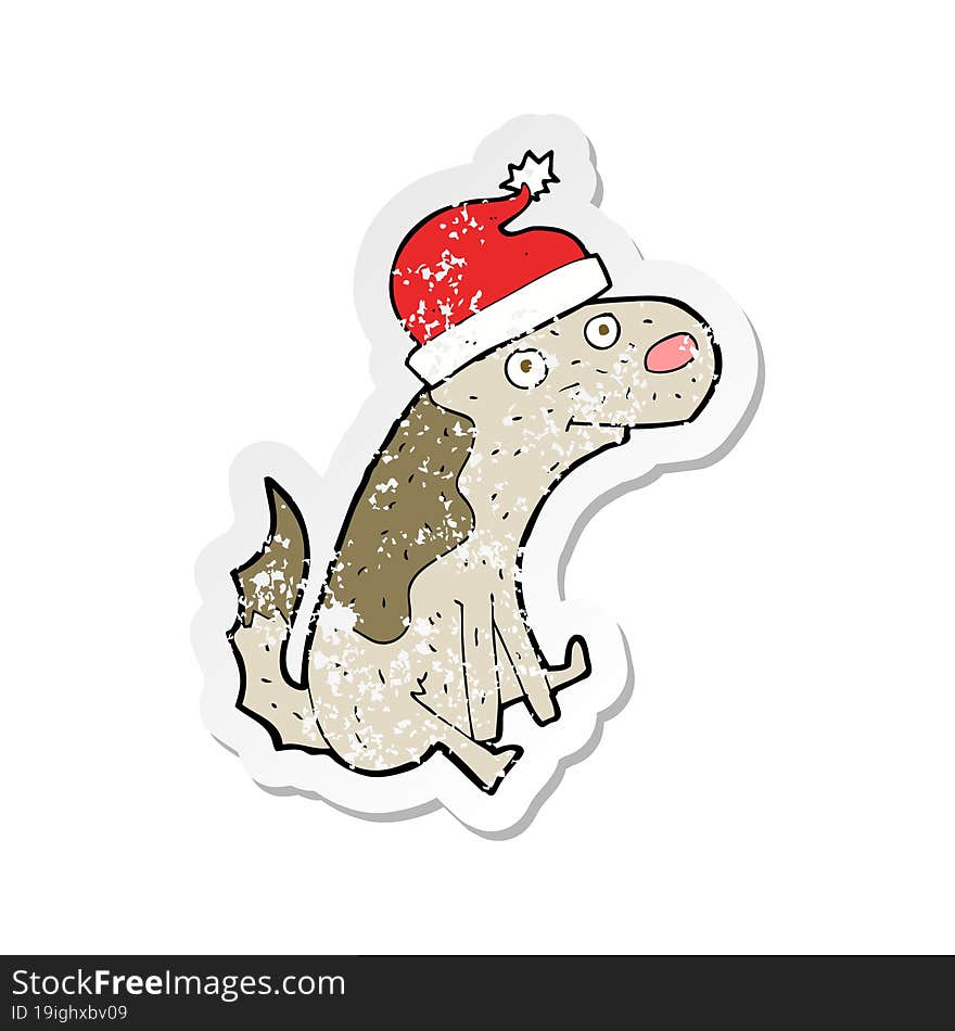 retro distressed sticker of a cartoon dog in christmas hat