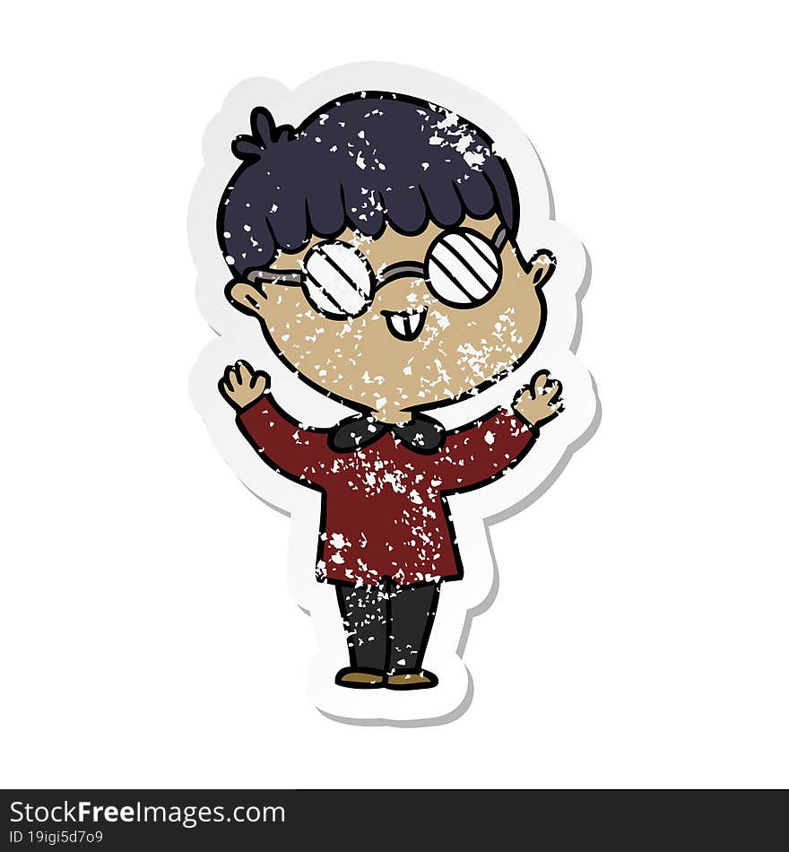 distressed sticker of a cartoon boy wearing spectacles