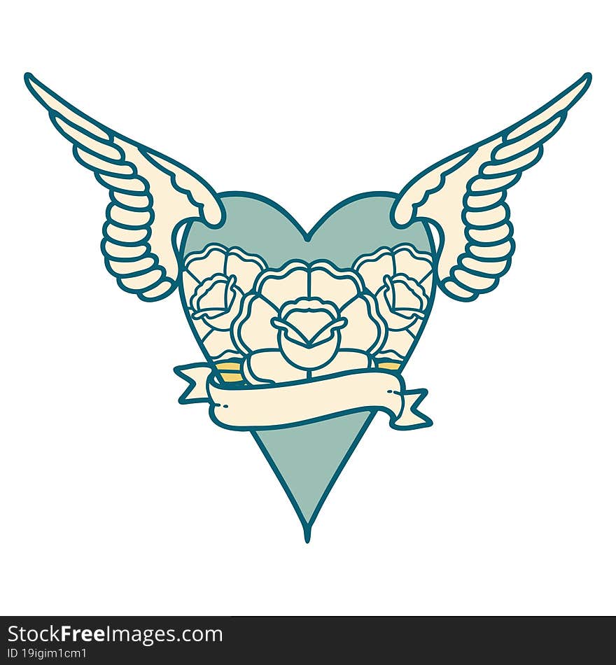 Tattoo Style Icon Of A Flying Heart With Flowers And Banner