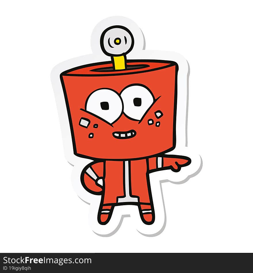 sticker of a happy cartoon robot pointing