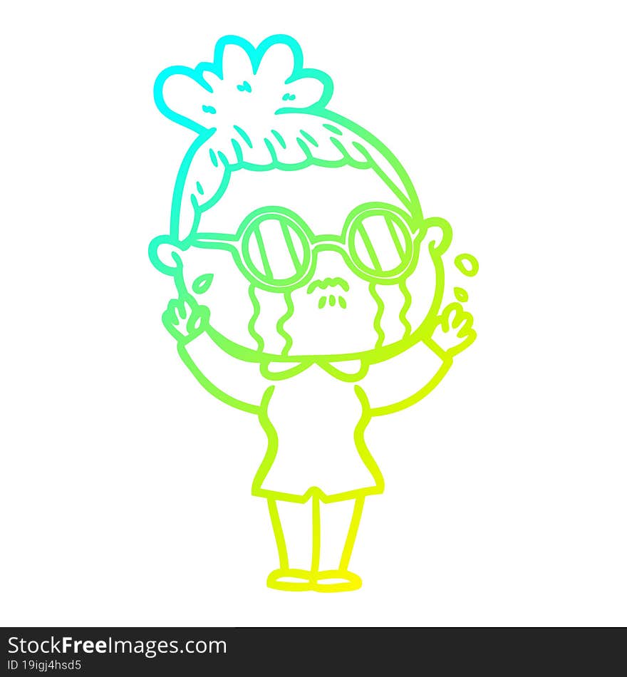 Cold Gradient Line Drawing Cartoon Crying Woman Wearing Spectacles