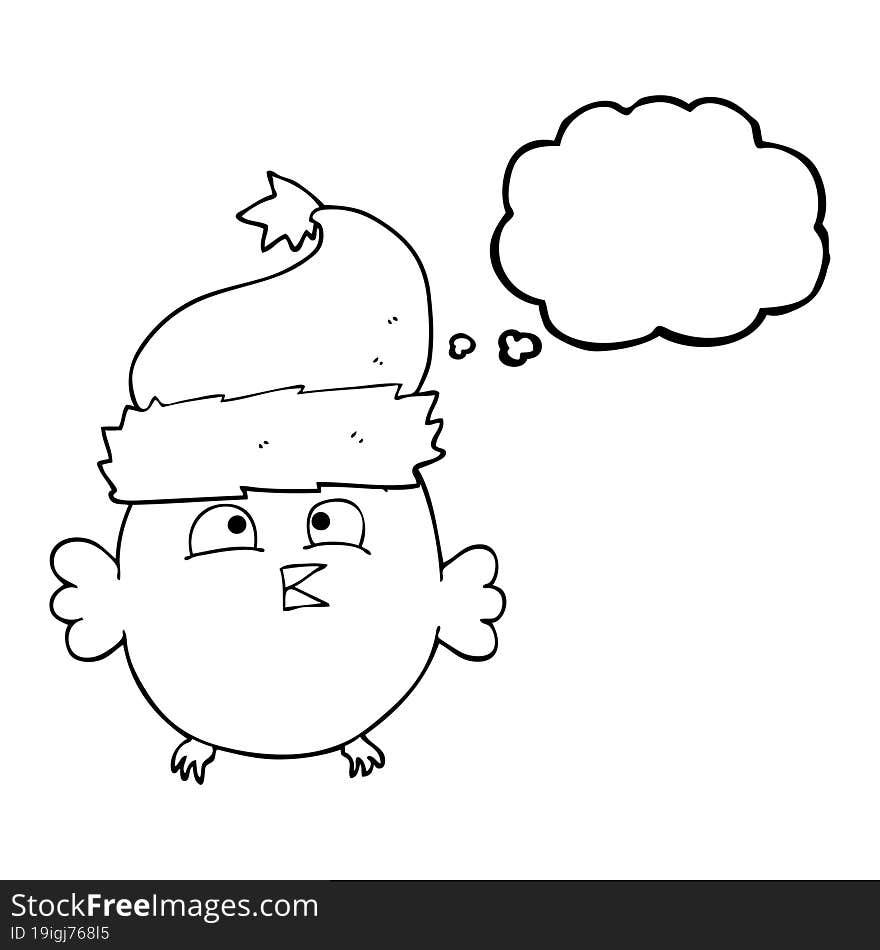 freehand drawn thought bubble cartoon owl wearing christmas hat