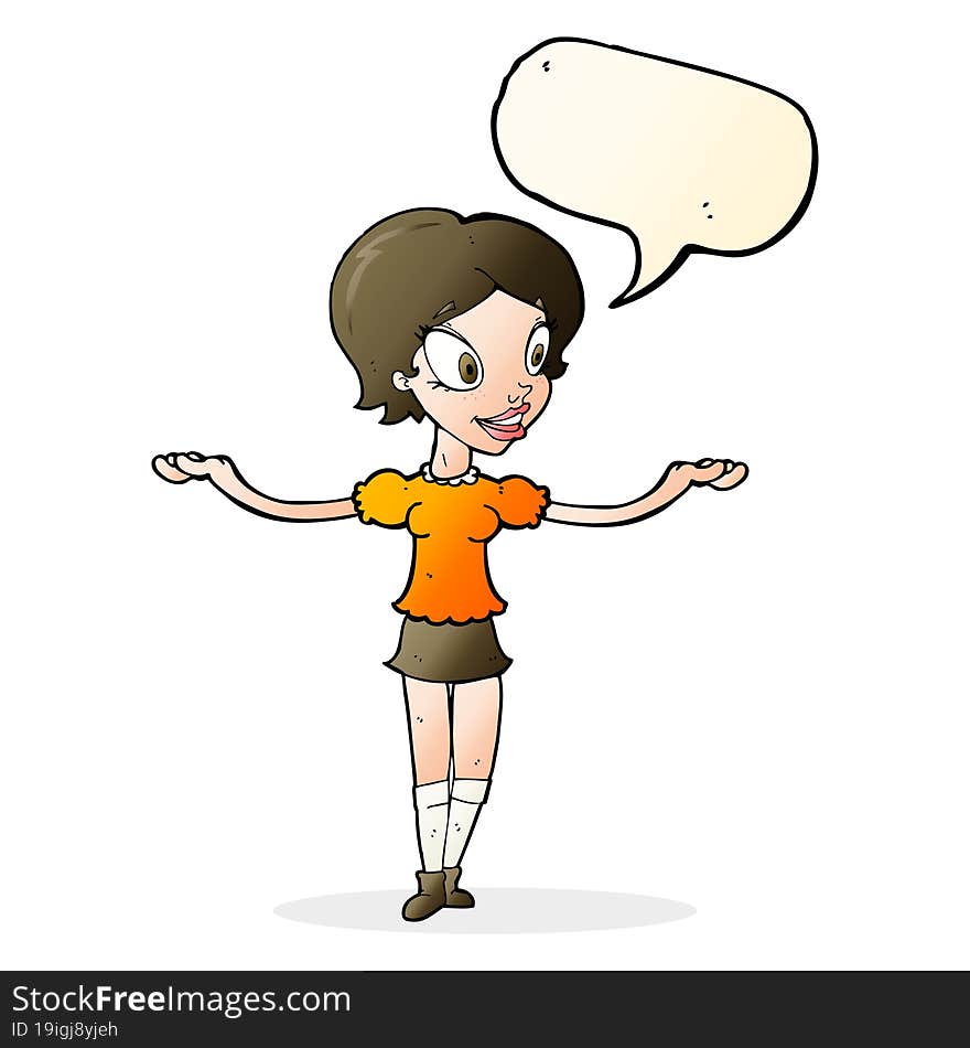 Cartoon Woman With Arms Spread Wide With Speech Bubble