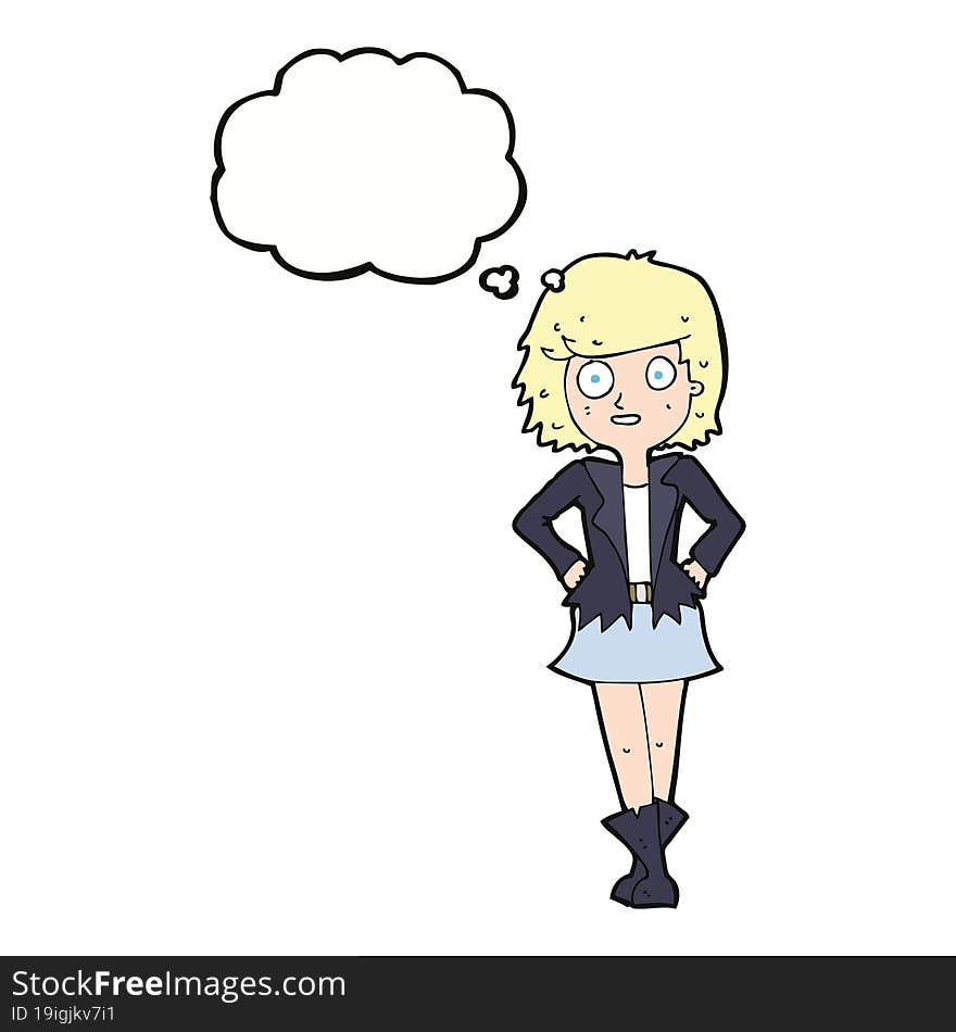 cartoon girl in jacket with thought bubble