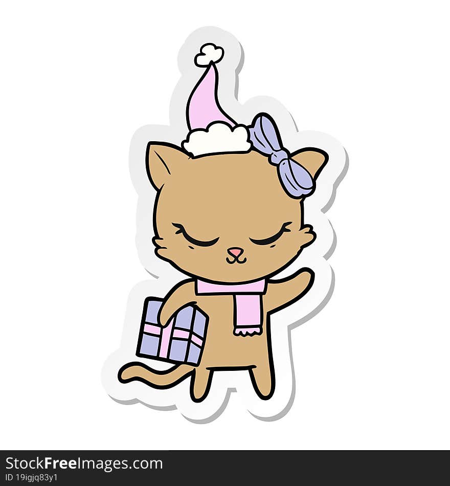 cute sticker cartoon of a cat with present wearing santa hat