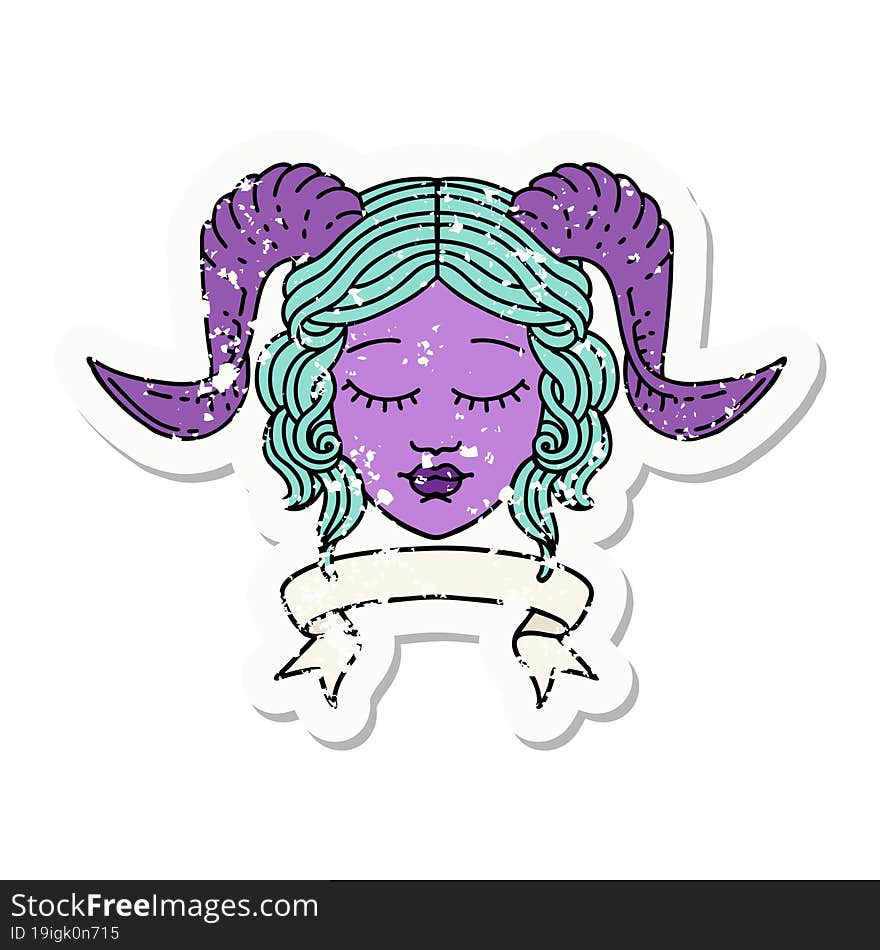 Retro Tattoo Style tiefling character face with scroll banner. Retro Tattoo Style tiefling character face with scroll banner