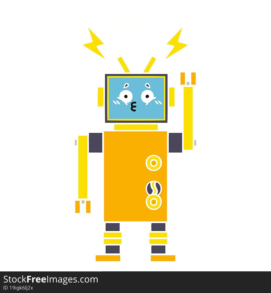 flat color retro cartoon of a malfunctioning robot