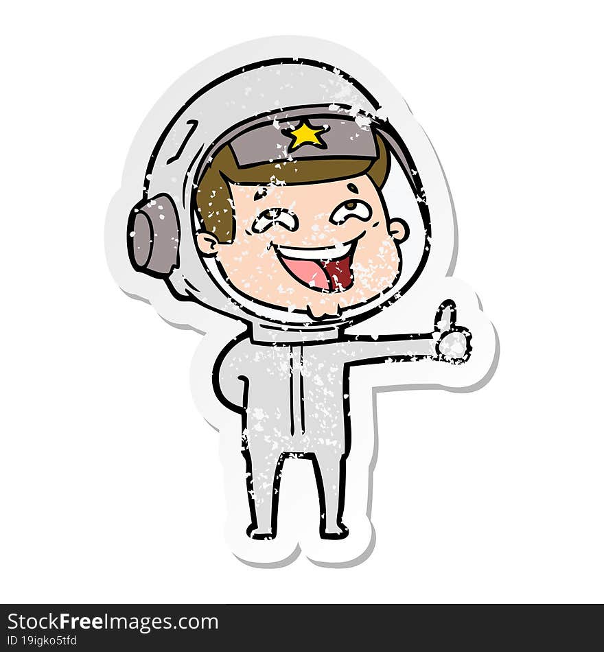 distressed sticker of a cartoon laughing astronaut