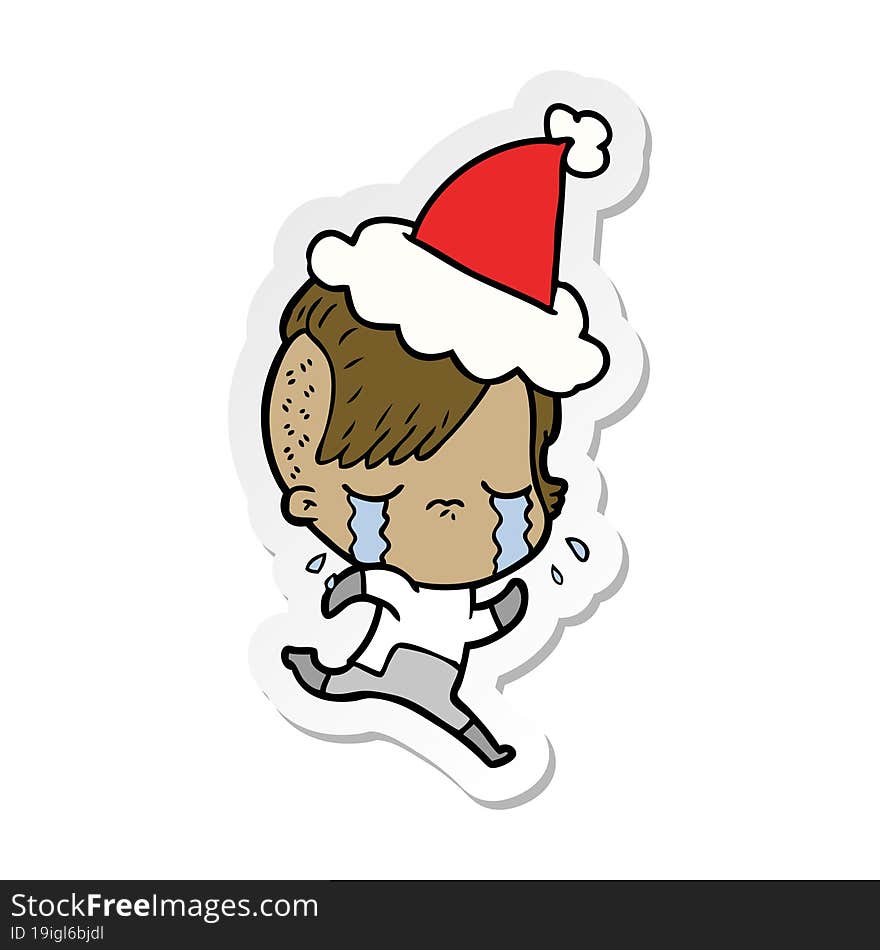 hand drawn sticker cartoon of a crying girl wearing space clothes wearing santa hat