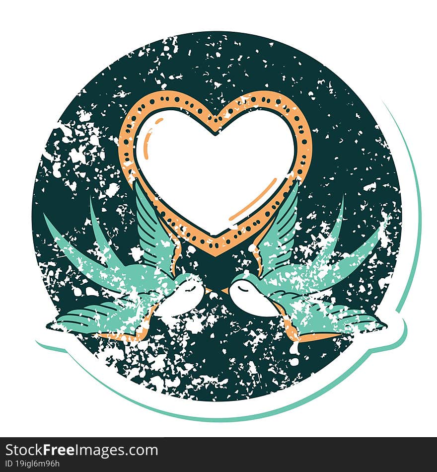 iconic distressed sticker tattoo style image of swallows and a heart. iconic distressed sticker tattoo style image of swallows and a heart