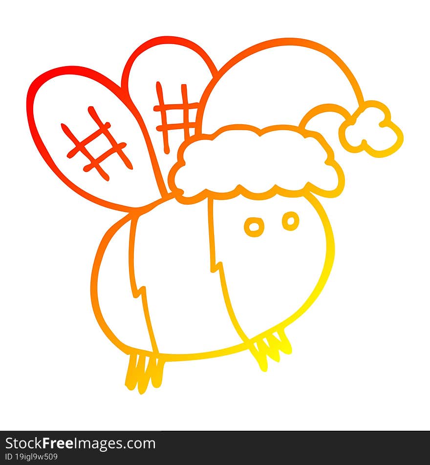 warm gradient line drawing of a cute cartoon bee wearing christmas hat