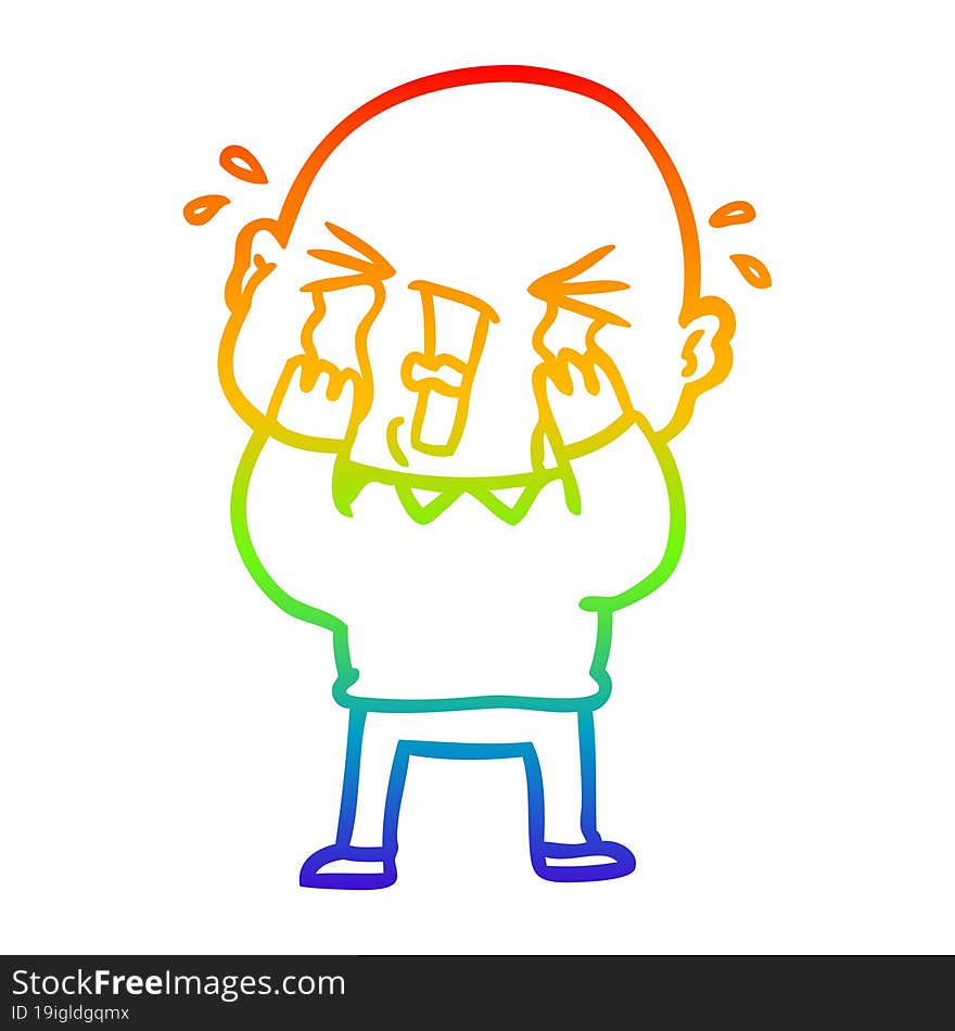 rainbow gradient line drawing cartoon crying bald man