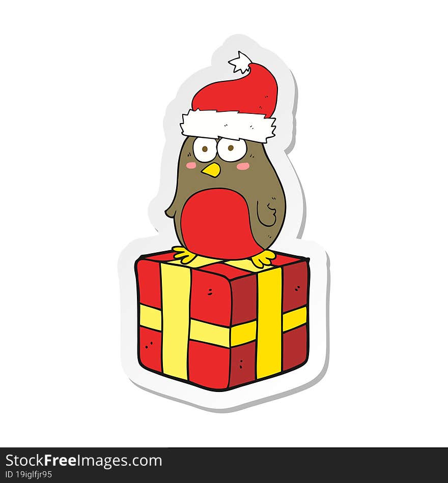 Sticker Of A Cartoon Robin On Present