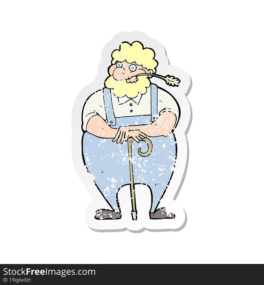 retro distressed sticker of a cartoon farmer leaning on walking stick