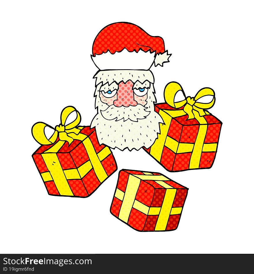 comic book style cartoon tired santa claus face with presents