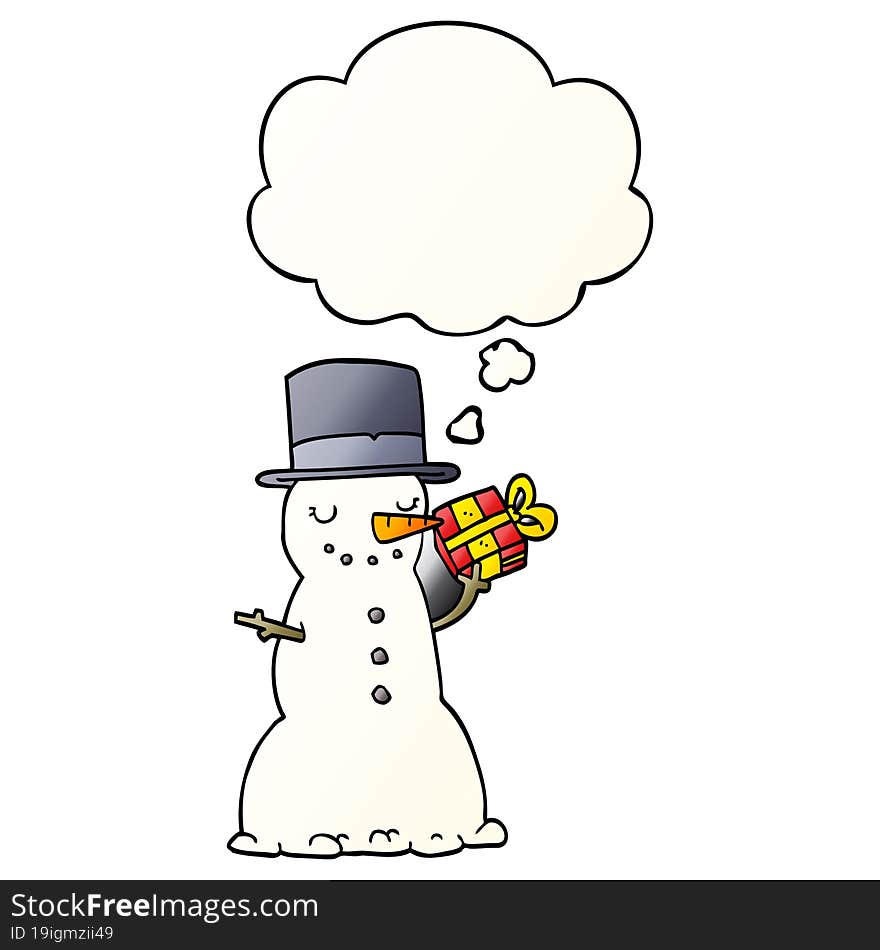 cartoon christmas snowman and thought bubble in smooth gradient style