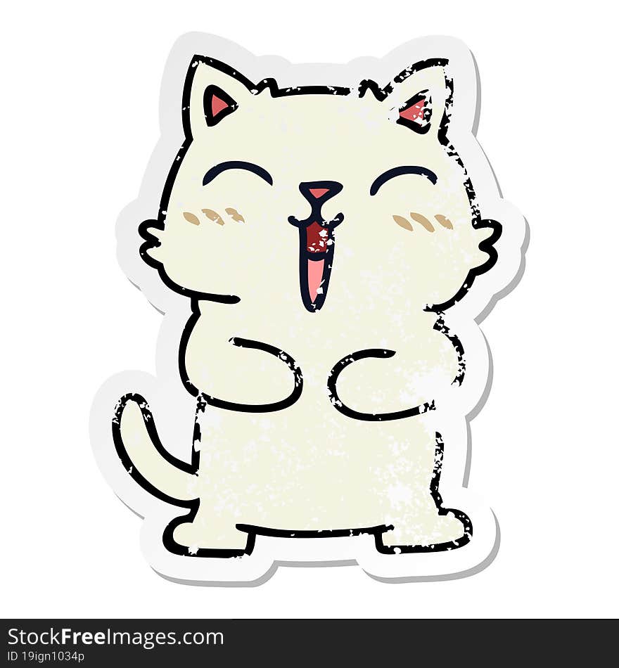 distressed sticker of a quirky hand drawn cartoon cat