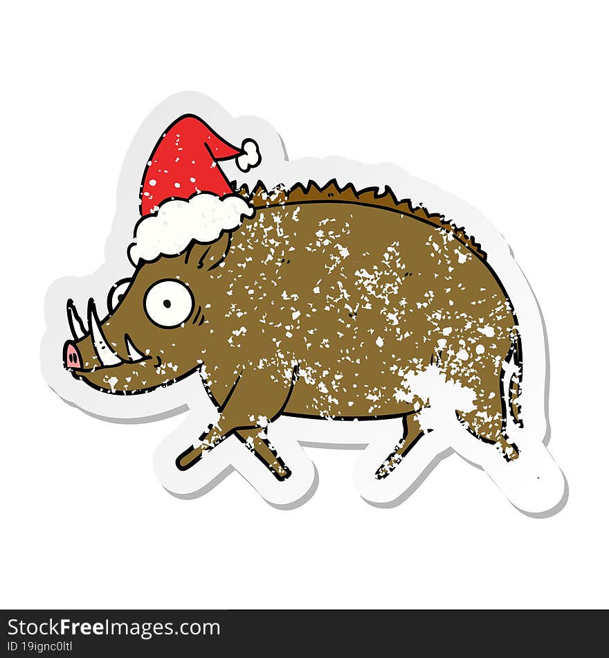 distressed sticker cartoon of a wild boar wearing santa hat