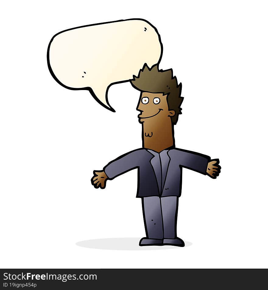 cartoon happy man with open arms with speech bubble