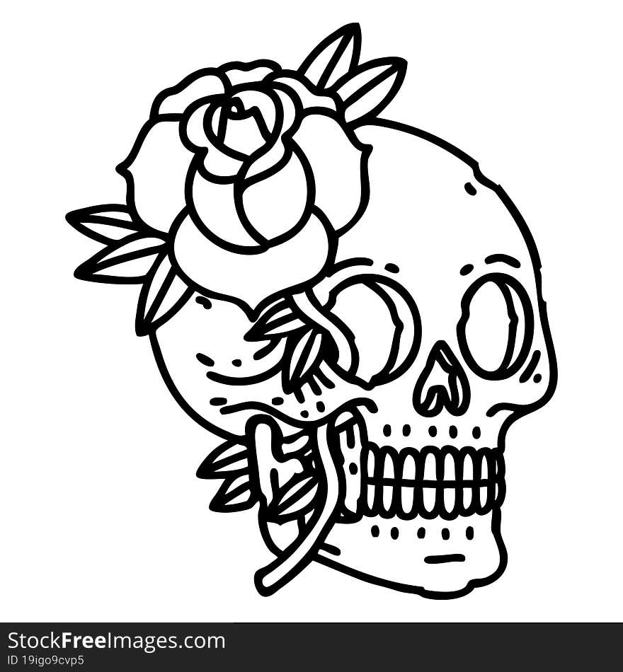 tattoo in black line style of a skull and rose. tattoo in black line style of a skull and rose