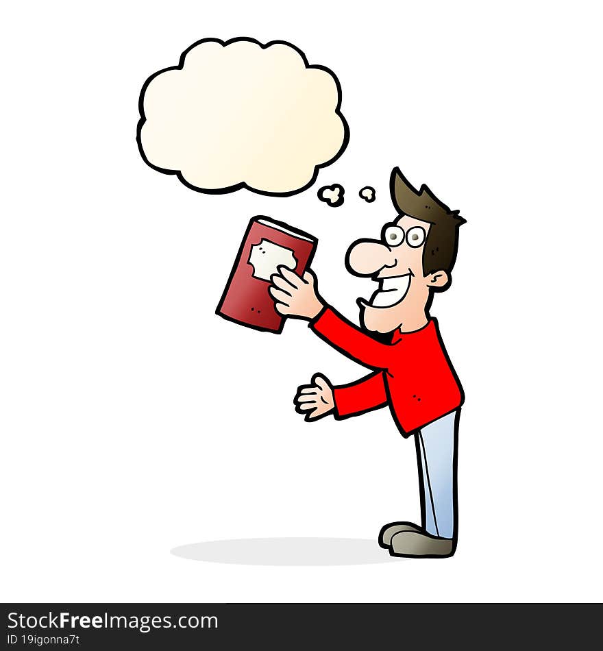 cartoon man with book with thought bubble