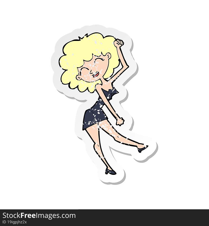 retro distressed sticker of a cartoon dancing woman