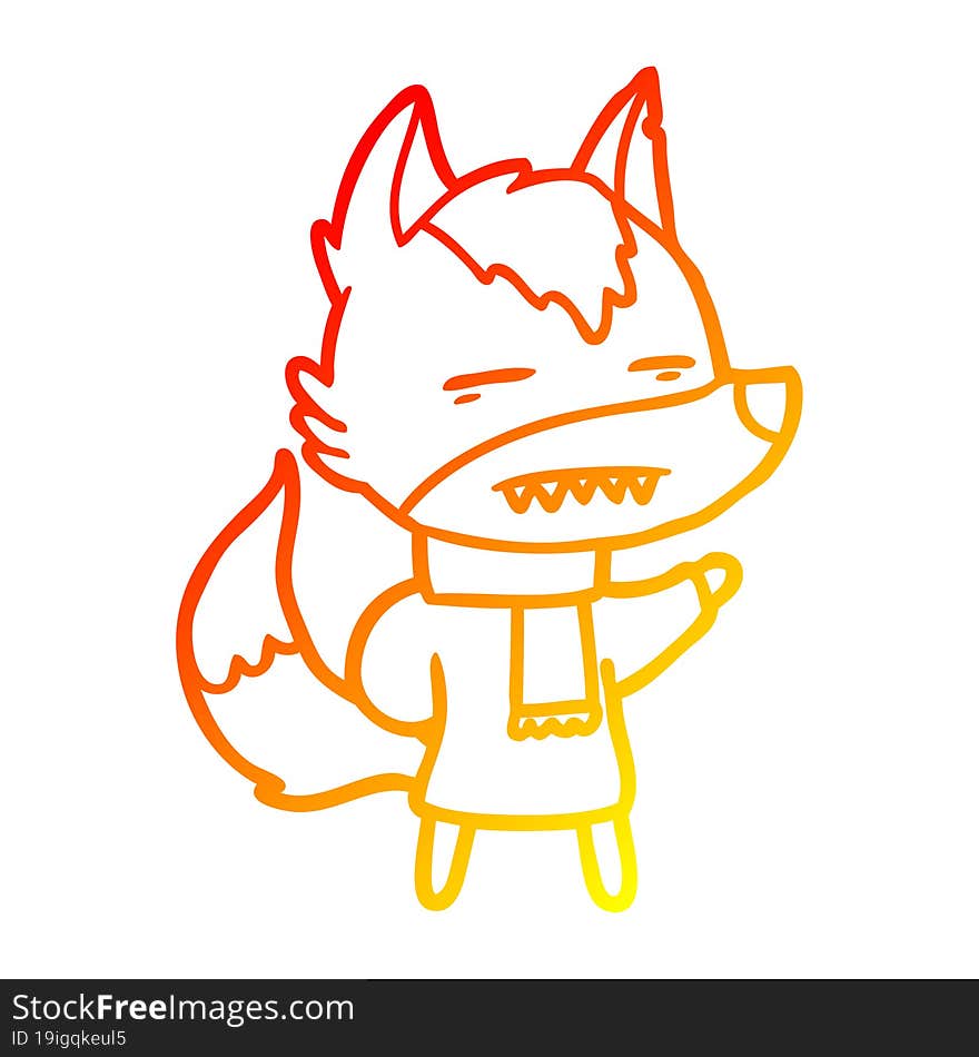 warm gradient line drawing cartoon wolf in winter clothes