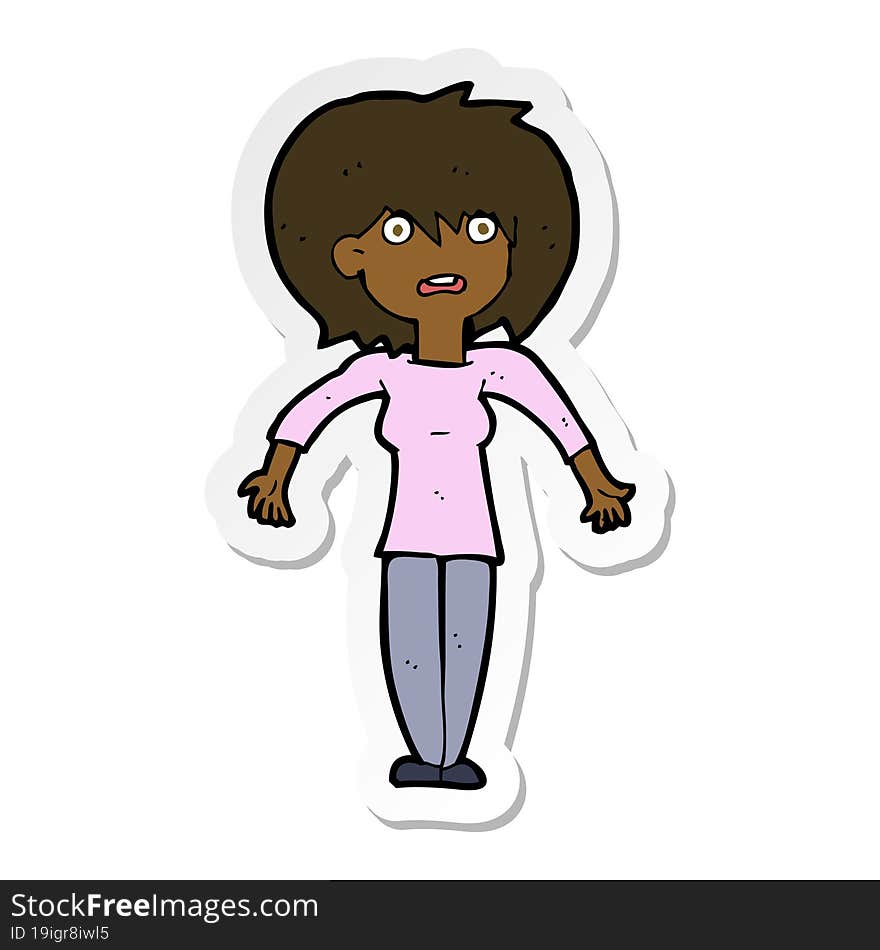 sticker of a cartoon woman shrugging shoulders