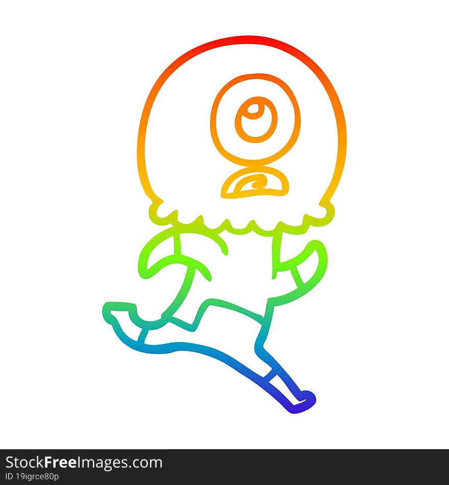 rainbow gradient line drawing of a cartoon cyclops alien spaceman running