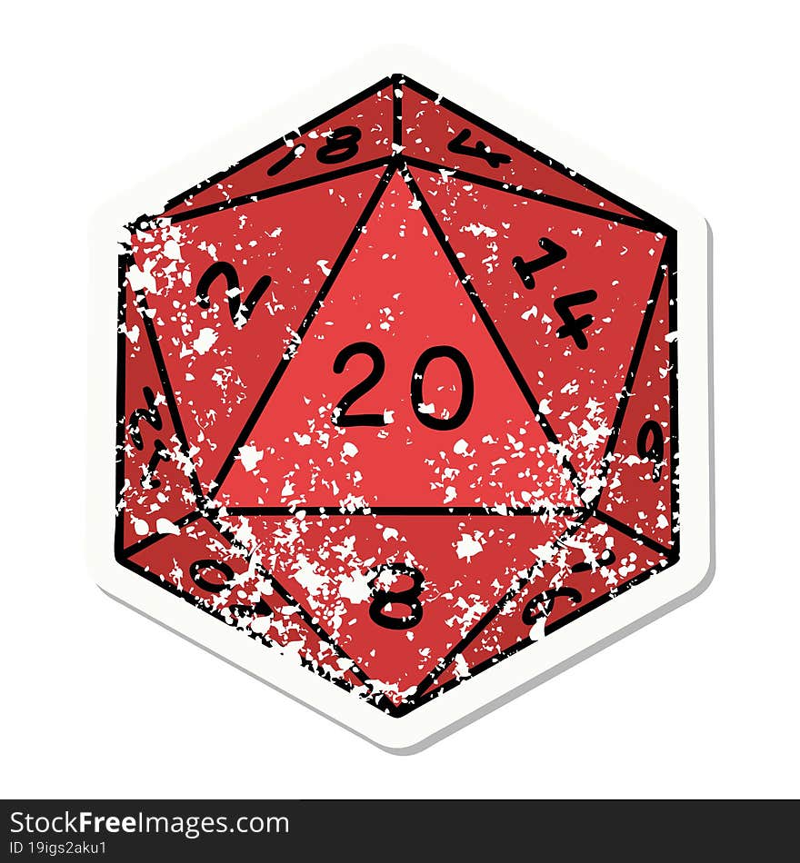 distressed sticker tattoo in traditional style of a d20 dice. distressed sticker tattoo in traditional style of a d20 dice