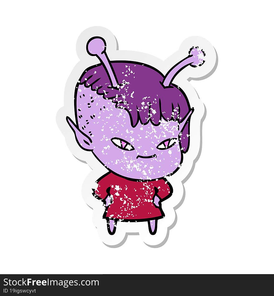 distressed sticker of a cute cartoon alien girl