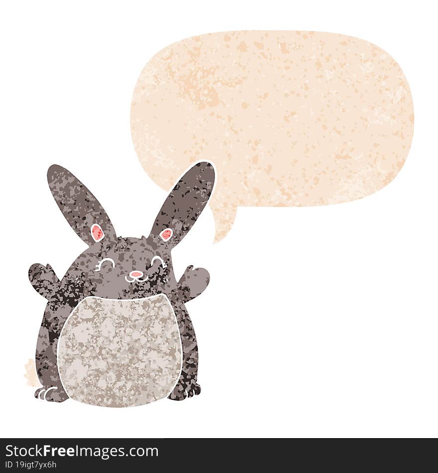 cartoon rabbit with speech bubble in grunge distressed retro textured style. cartoon rabbit with speech bubble in grunge distressed retro textured style