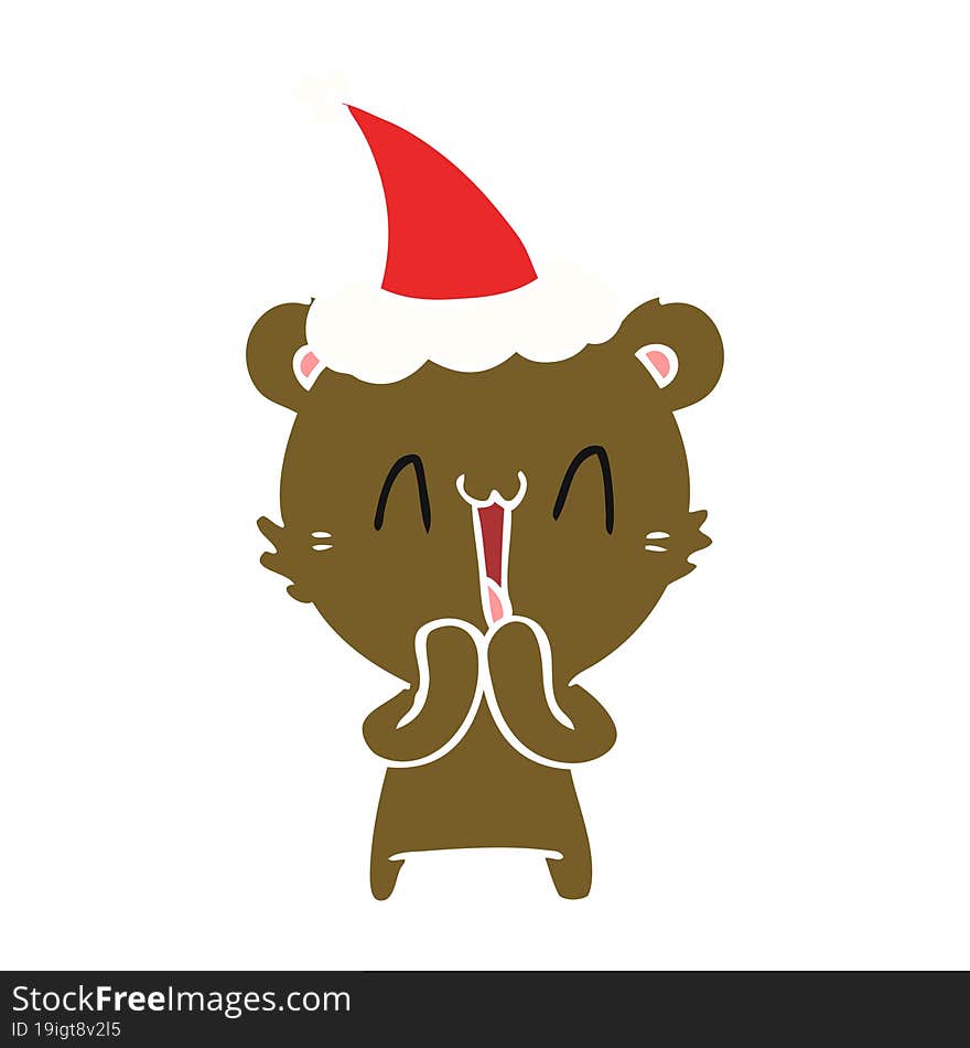 happy bear flat color illustration of a wearing santa hat