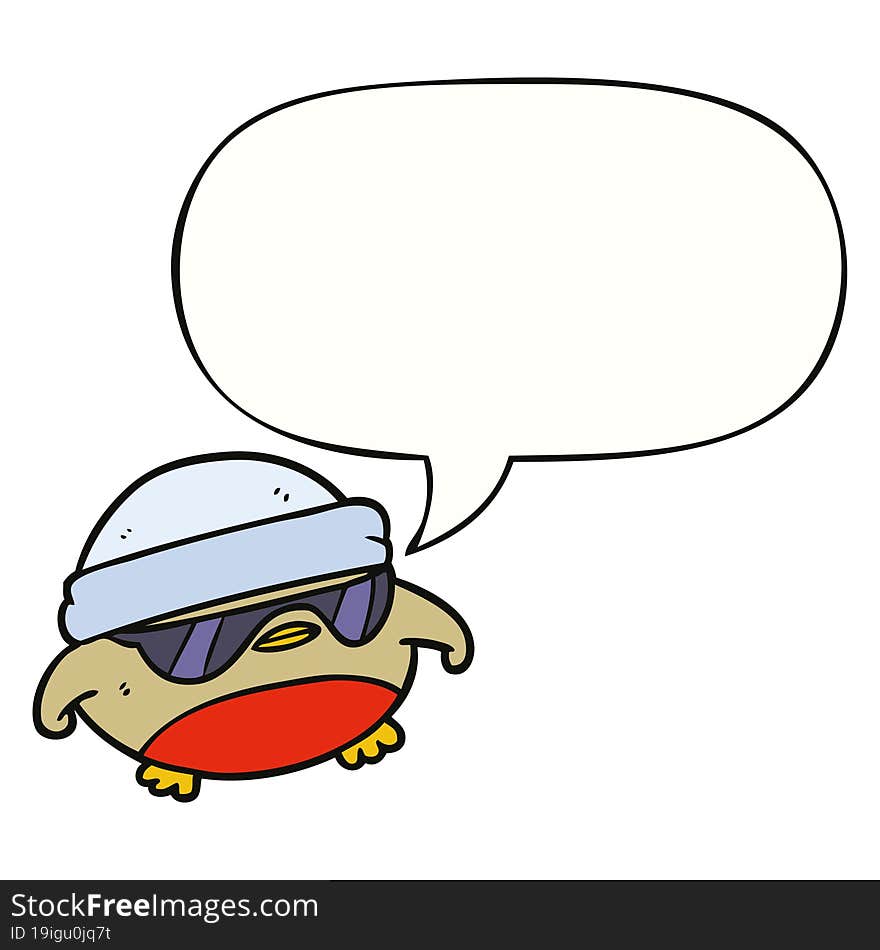 cool christmas robin cartoon and sunglasses and speech bubble