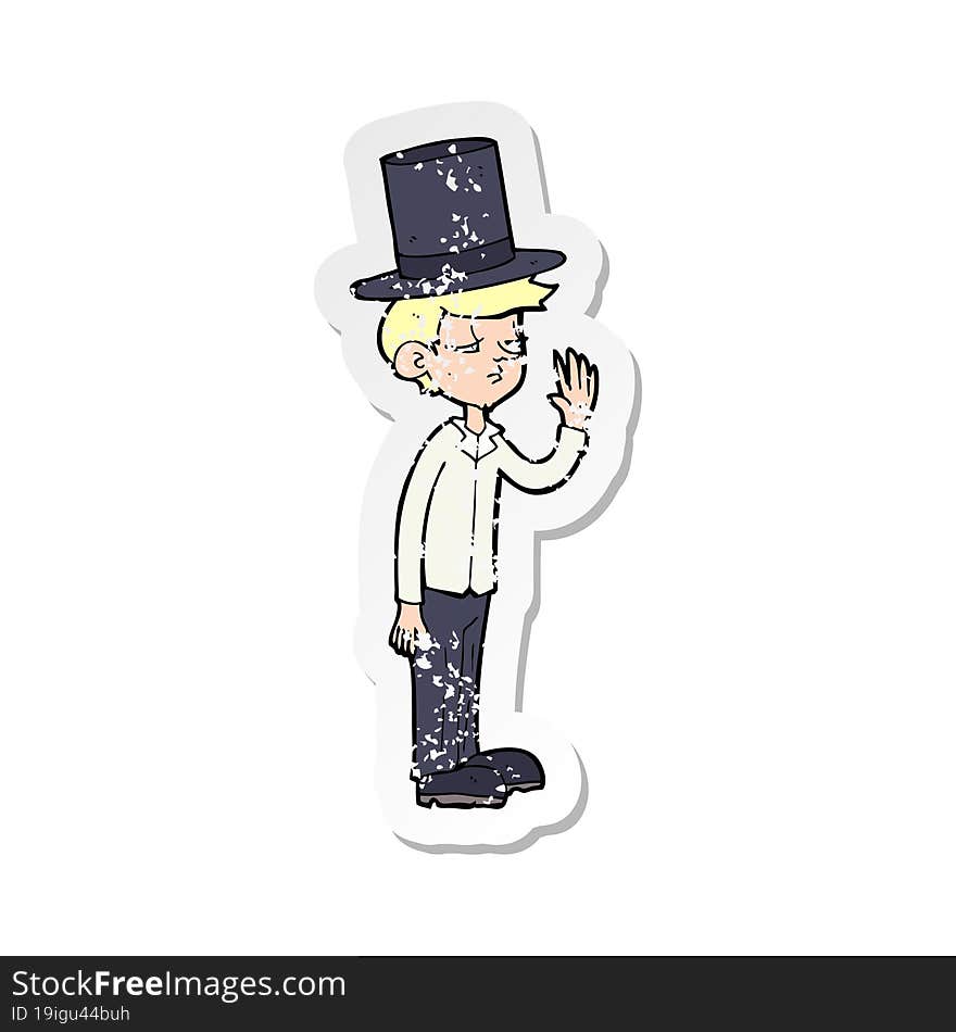 retro distressed sticker of a cartoon man wearing top hat