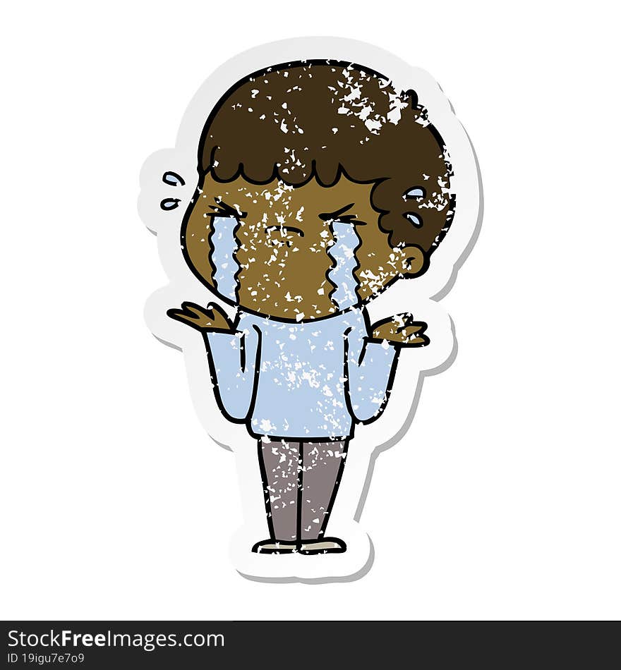 distressed sticker of a cartoon man crying