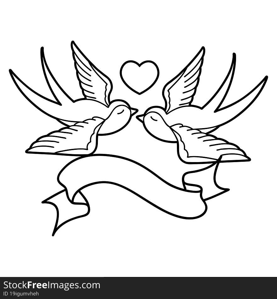 traditional black linework tattoo with banner of swallows and a heart. traditional black linework tattoo with banner of swallows and a heart