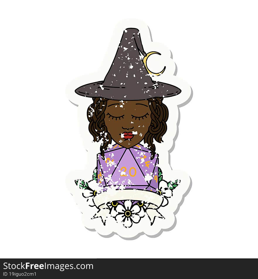 human witch with natural twenty dice roll illustration