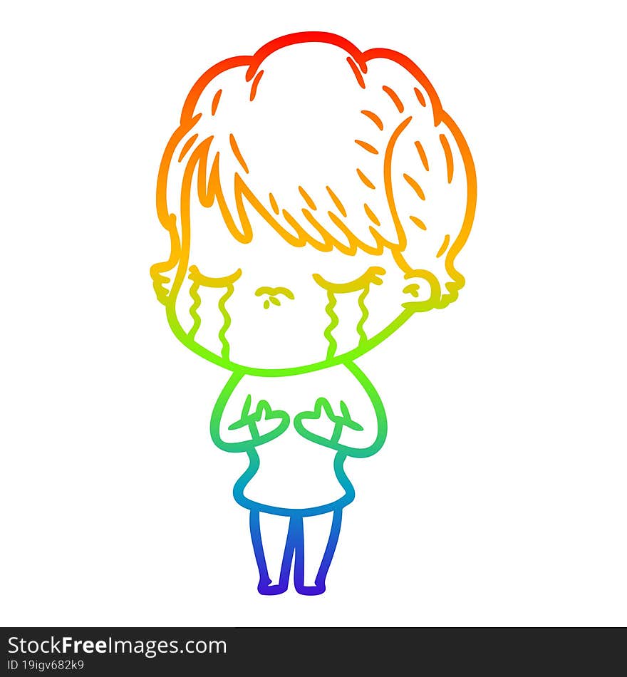 rainbow gradient line drawing of a cartoon woman crying